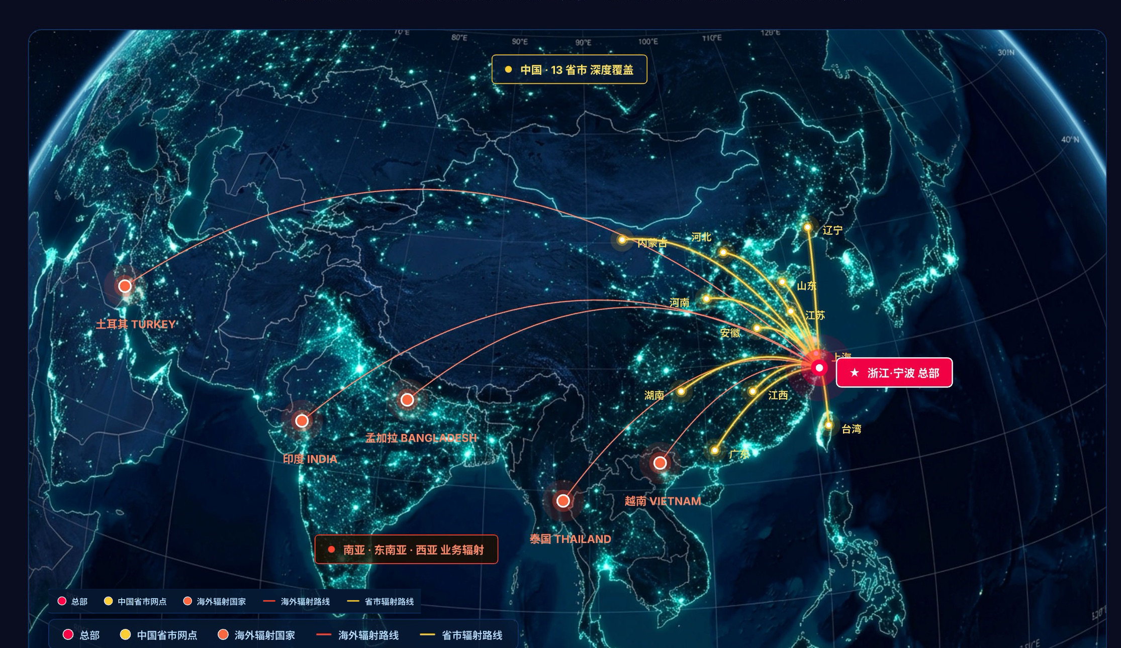 云顶集团3118(中国)智能业务辐射网络 - 中国 13 省市深度覆盖 · 南亚东南亚西亚 5 大海外市场